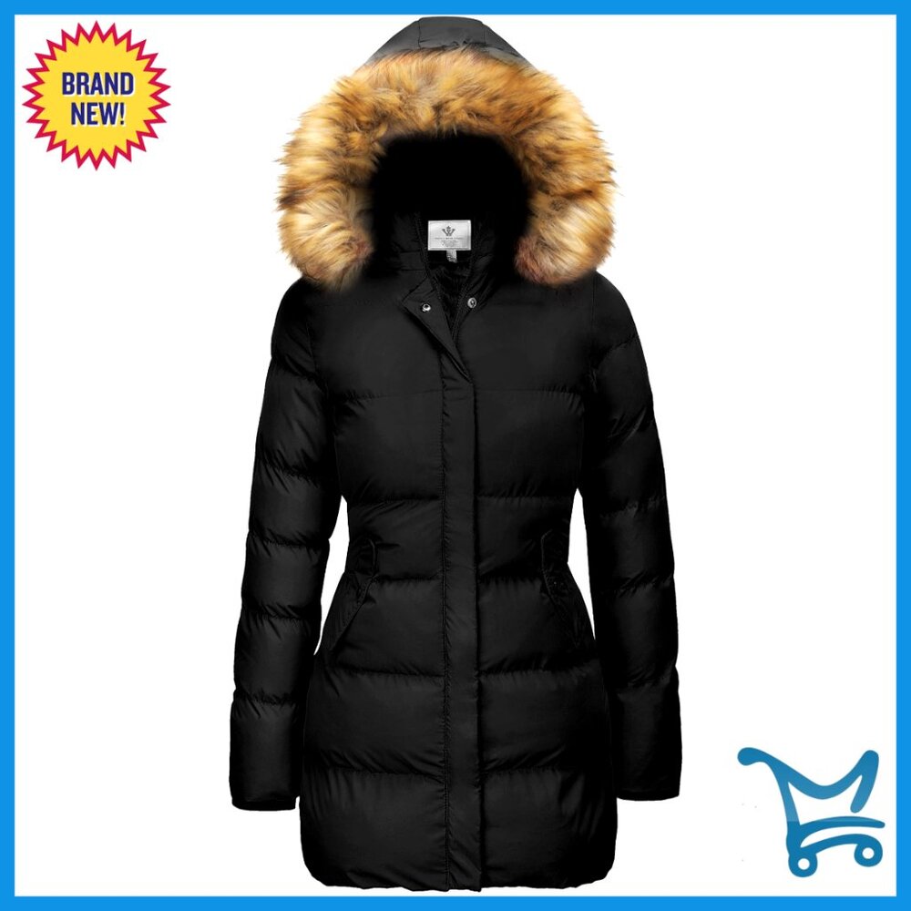 Winter Puffer Coat With Removable Faux Fur Hood Slim Fit Warm Waterproof